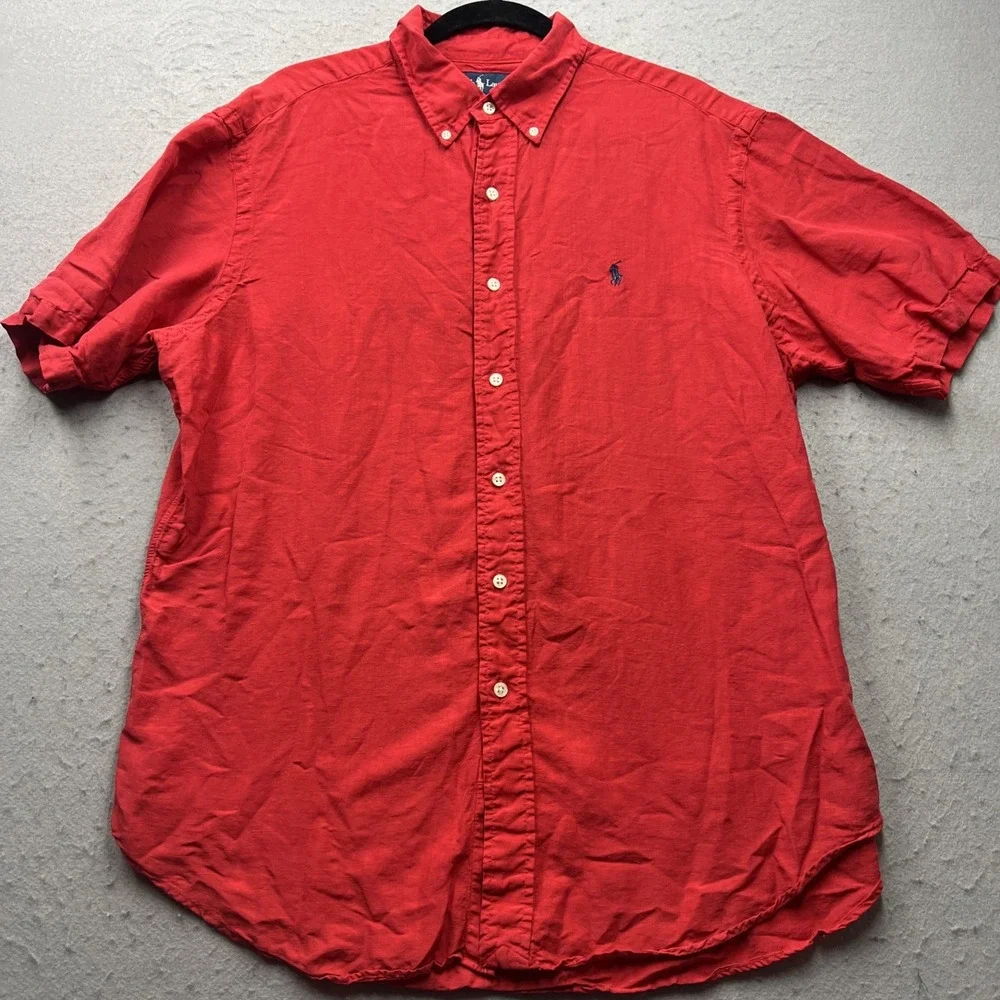 Polo Ralph Lauren Shirt Mens Large Linen Silk Short Sleeve Button Up Casual Red